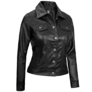 Fernando Women’s Trucker Black Leather Jacket By Jacket Field