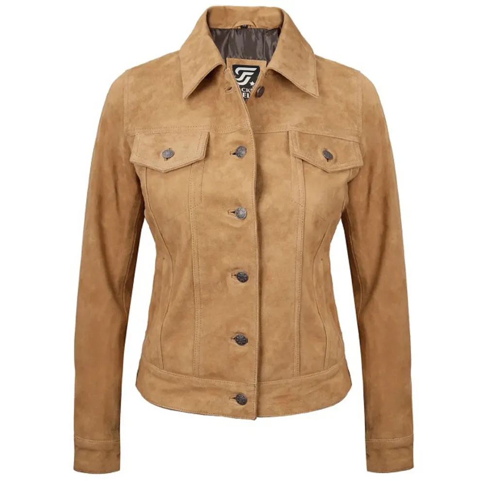 Womens Light Tan Trucker Leather Suede Jacket by Jacket Field
