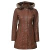 Womens Brown Leather Shearling Coat with Hooded by Jacket Field