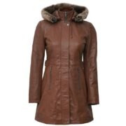 Womens Brown Leather Shearling Coat with Hooded by Jacket Field