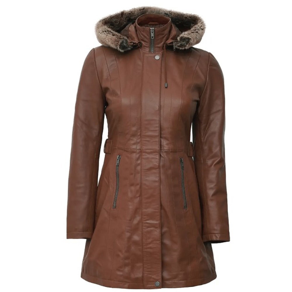 Womens Brown Leather Shearling Coat with Hooded by Jacket Field