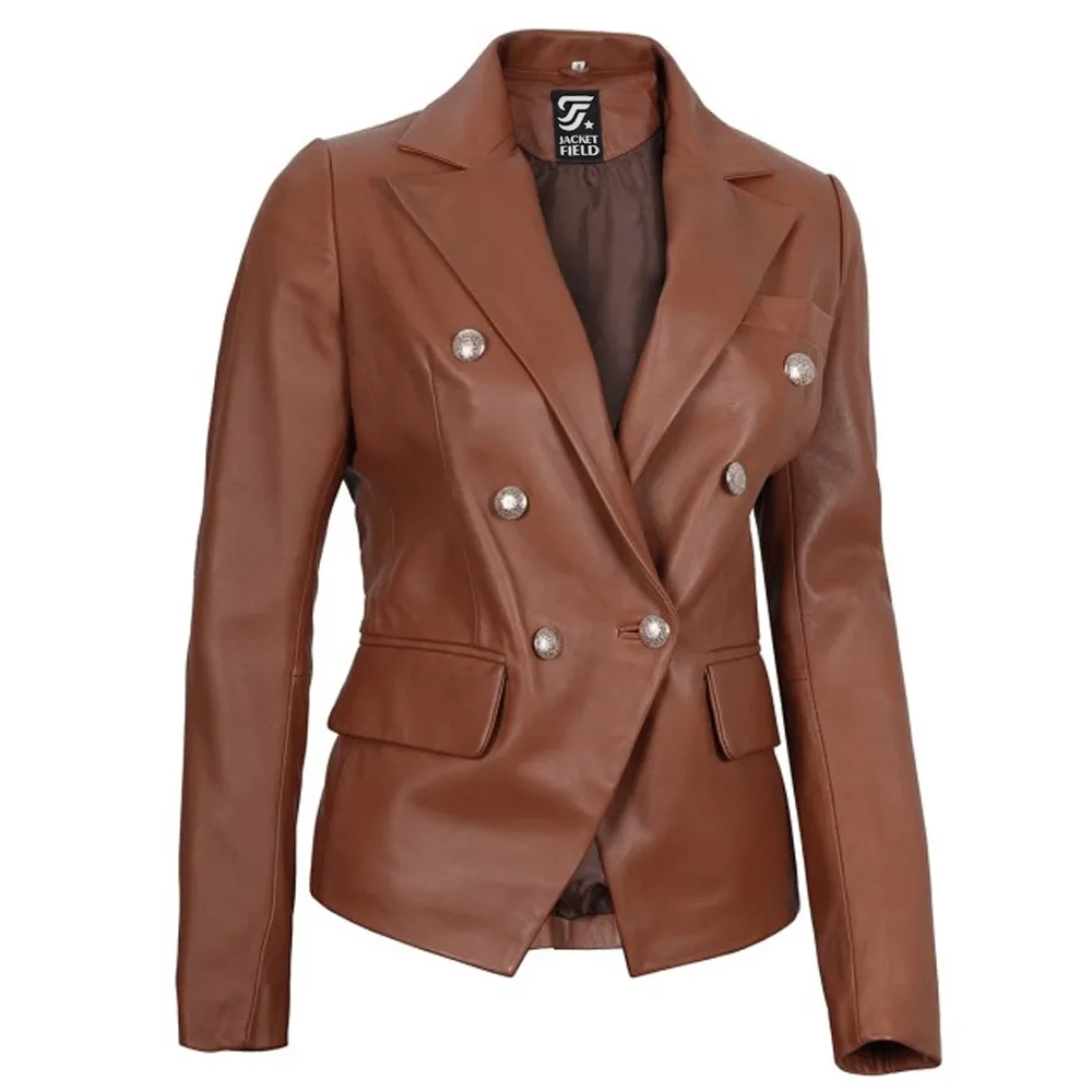 Kinley Womens Double Breasted Brown Leather Jacket by Jacket Field