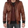 Mens Brown Leather Jacket with Hood by Jacket Field