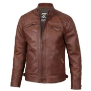 Mens Cognac Brown Leather Motorcycle Jacket Cafe Racer Style by Jacket Field