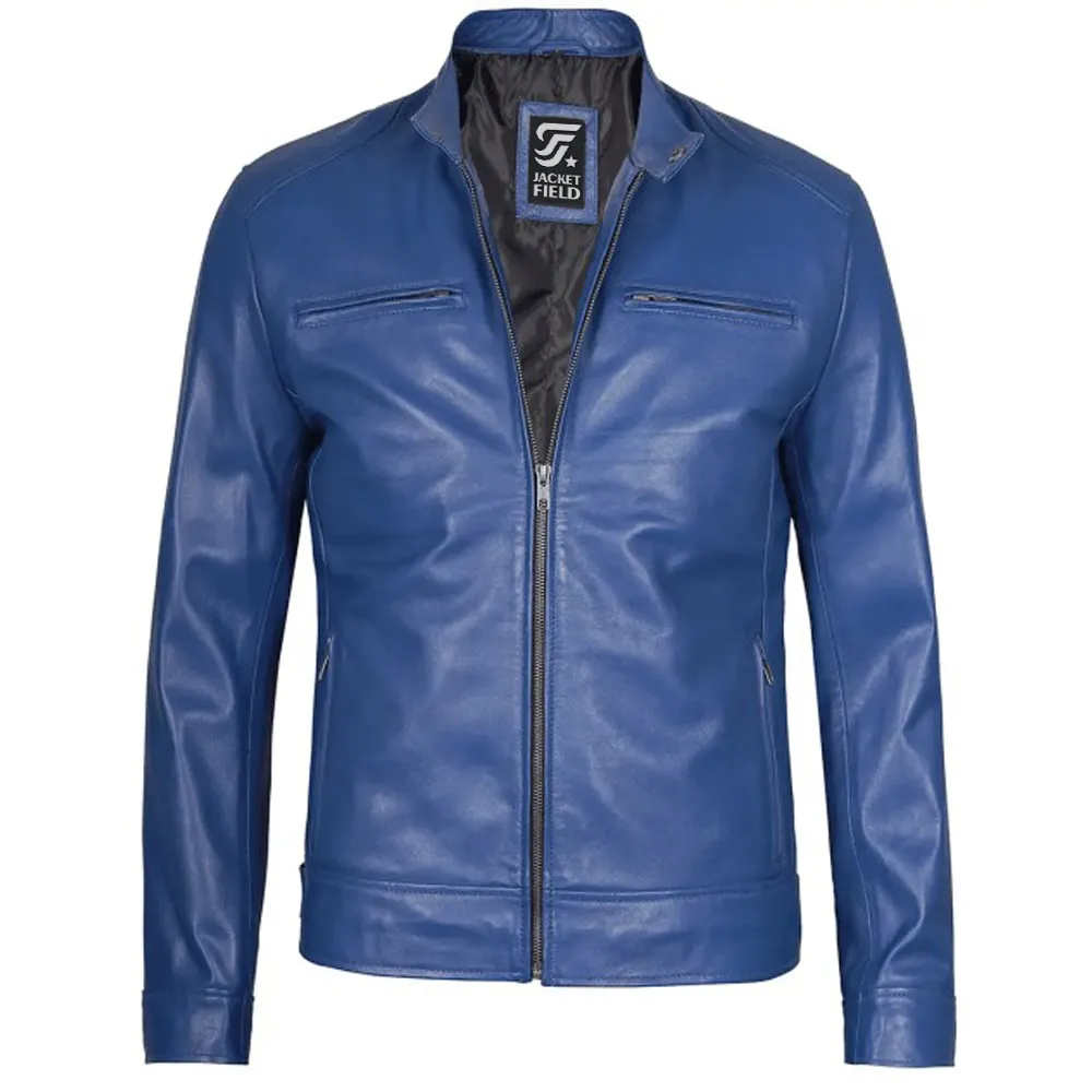 Men's Dodge Blue Racer Leather Jacket – Stylish Cafe Biker Blue Jacket By Jacket Field
