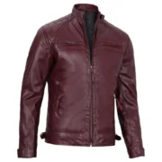 Mens Maroon Vegan Leather Quilted Biker Motorcycle Jacket by Jacket Field