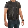 Mens Vintage V-Neck Black Leather Vest by Jacket Field