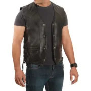 Mens Vintage V-Neck Black Leather Vest by Jacket Field