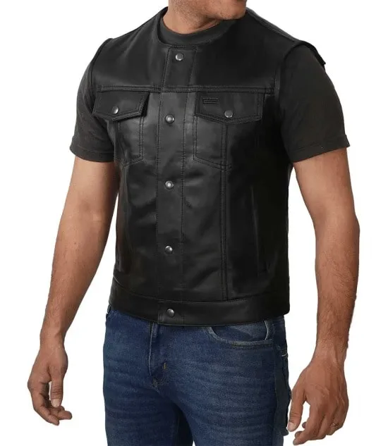 Western Style Mens Black Leather Vest by Jacket Field