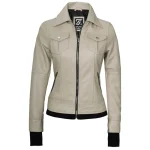 Beige Real Leather Bomber Jacket Women with Hood by Jacket Field