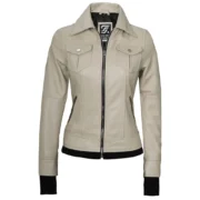 Beige Real Leather Bomber Jacket Women with Hood by Jacket Field