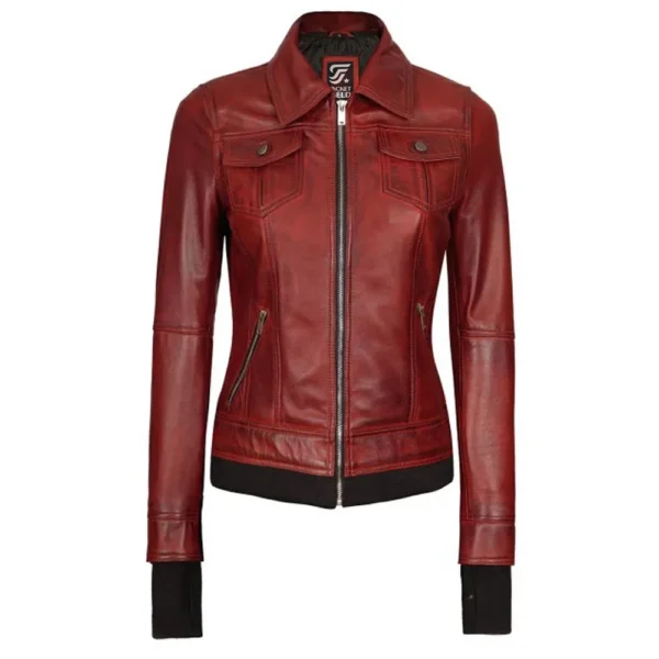 Women Bomber Maroon Leather Bomber Jacket with Hood by Jacket Field