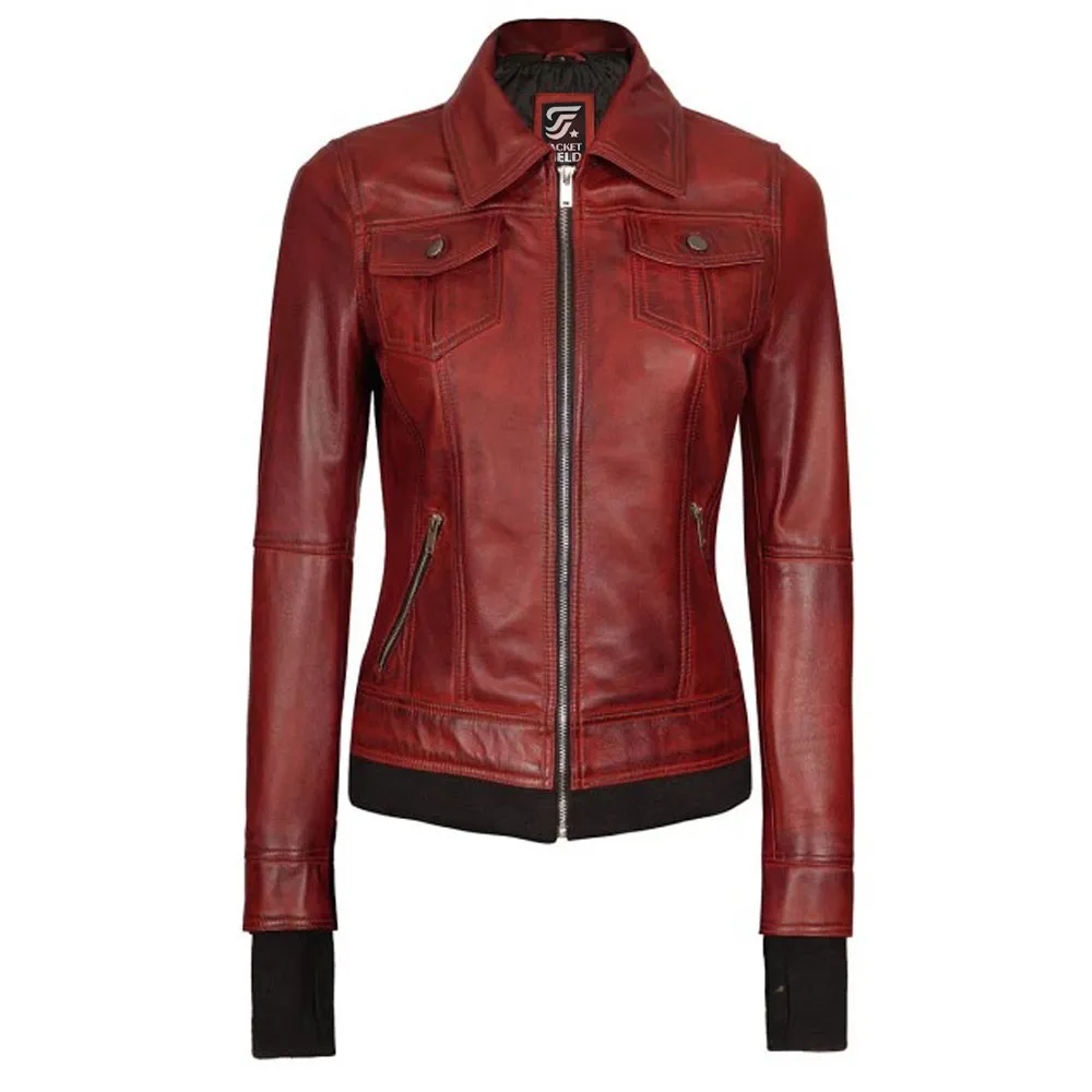 Women Bomber Maroon Leather Bomber Jacket with Hood by Jacket Field