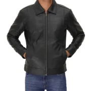 Mens Vegan Black Leather Jacket With Shirt Collar by Jacket Field