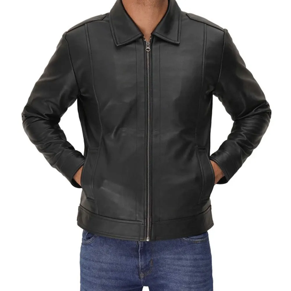 Mens Vegan Black Leather Jacket With Shirt Collar by Jacket Field