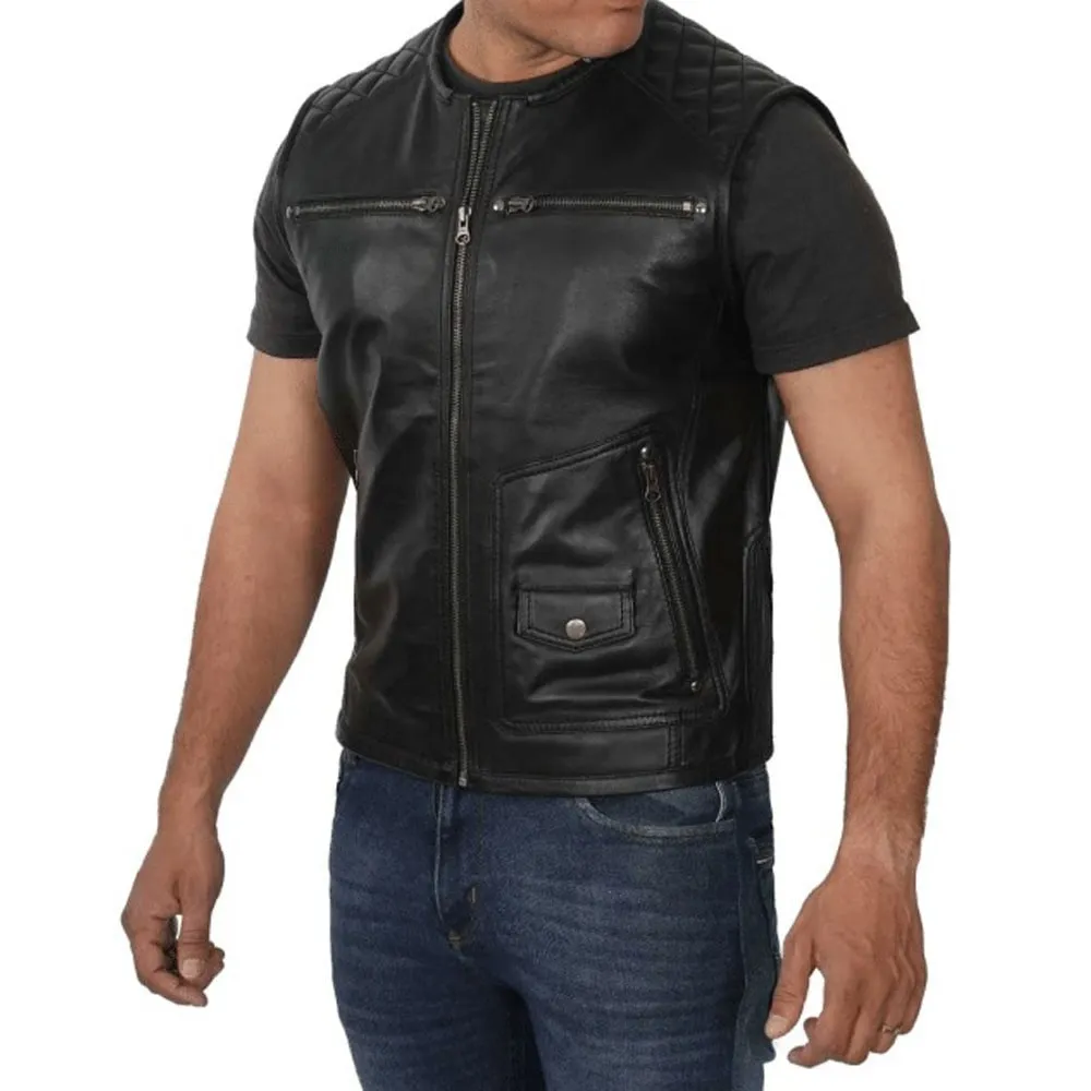 Winston Mens Black Quilted Leather Vest by Jacket Field