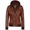 Cognac Brown Leather Bomber Jacket Women with Removable Hood by Jacket Field