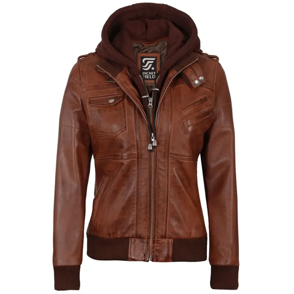 Cognac Brown Leather Bomber Jacket Women with Removable Hood by Jacket Field