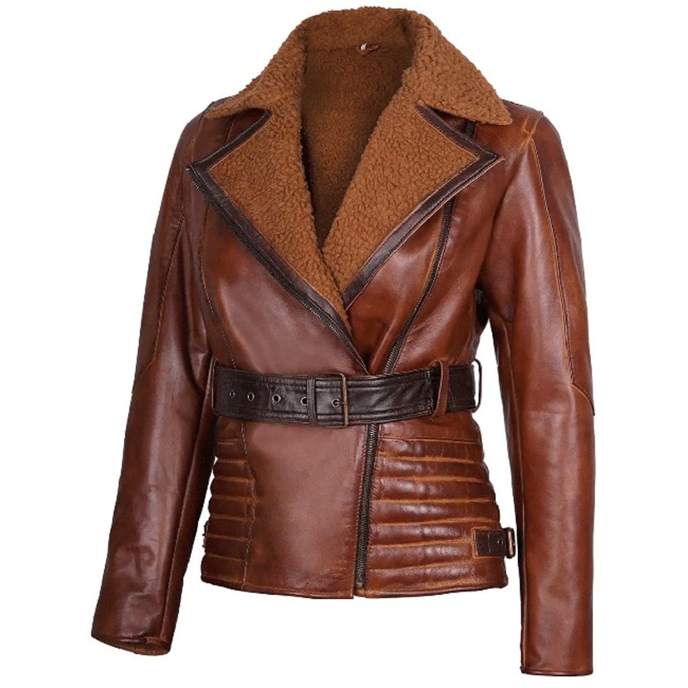 Womens Brown Asymmetrical Sherpa Leather Shearling Jacket by Jacket Field