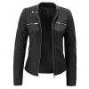 Women's Moto Black Leather Jacket with Removable Hood By Jacket Field