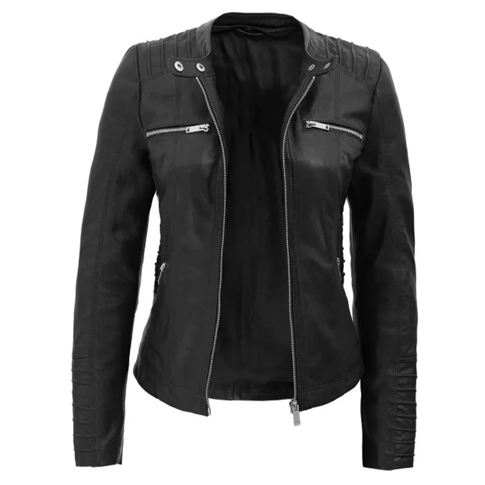 Women's Moto Black Leather Jacket with Removable Hood By Jacket Field