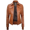 Tan Wax Leather Bomber Jacket Women with Detachable Hood by Jacket Field