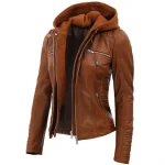 Tan Brown Leather Womens Jacket Motorcycle with Removable Hood by Jacket Field
