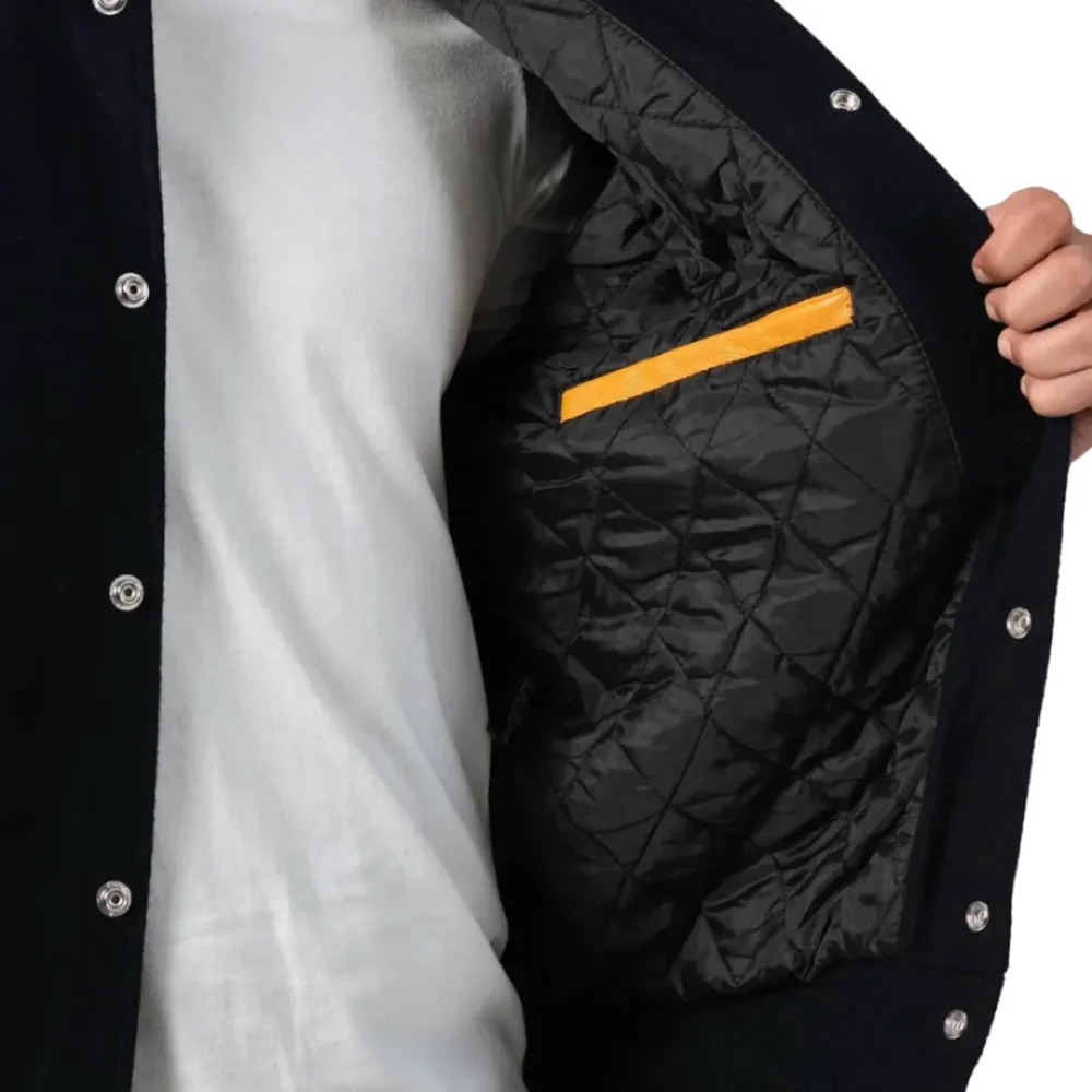 Mens Black & Bright Gold Leather Sleeves Clothing Varsity Jacket by Jacket Field