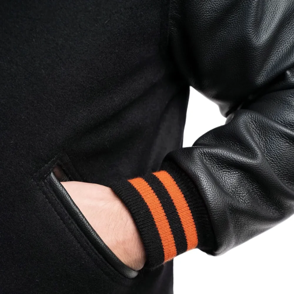 Mens Black Wool & Leather Varsity Jacket with Orange Stripes by Jacket Field