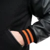 Mens Black Wool & Leather Varsity Jacket with Orange Stripes by Jacket Field