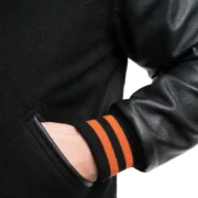 Mens Black Wool & Leather Varsity Jacket with Orange Stripes by Jacket Field