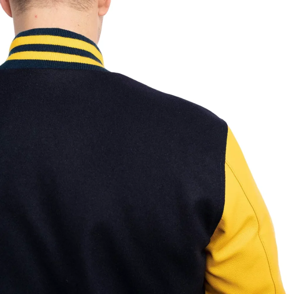 Mens Navy Blue & Lemon Sleeves Clothing Varsity Jacket by Jacket Field