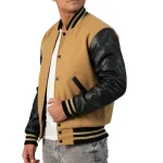 Mens Camel & Black Leather Sleeves Varsity Jacket by Jacket Field