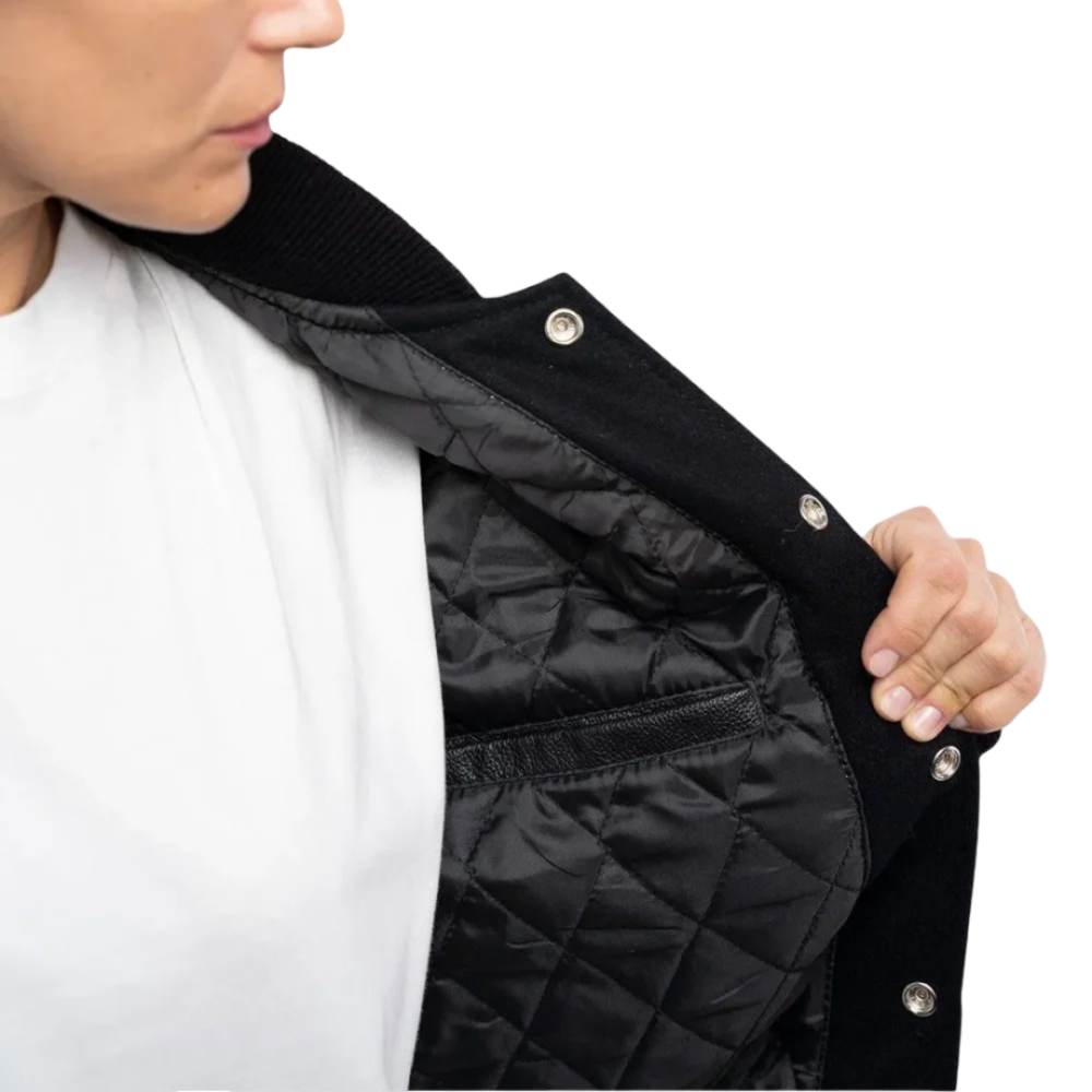 Womens Black Clothing Varsity Jacket with Orange Stripes by Jacket Field