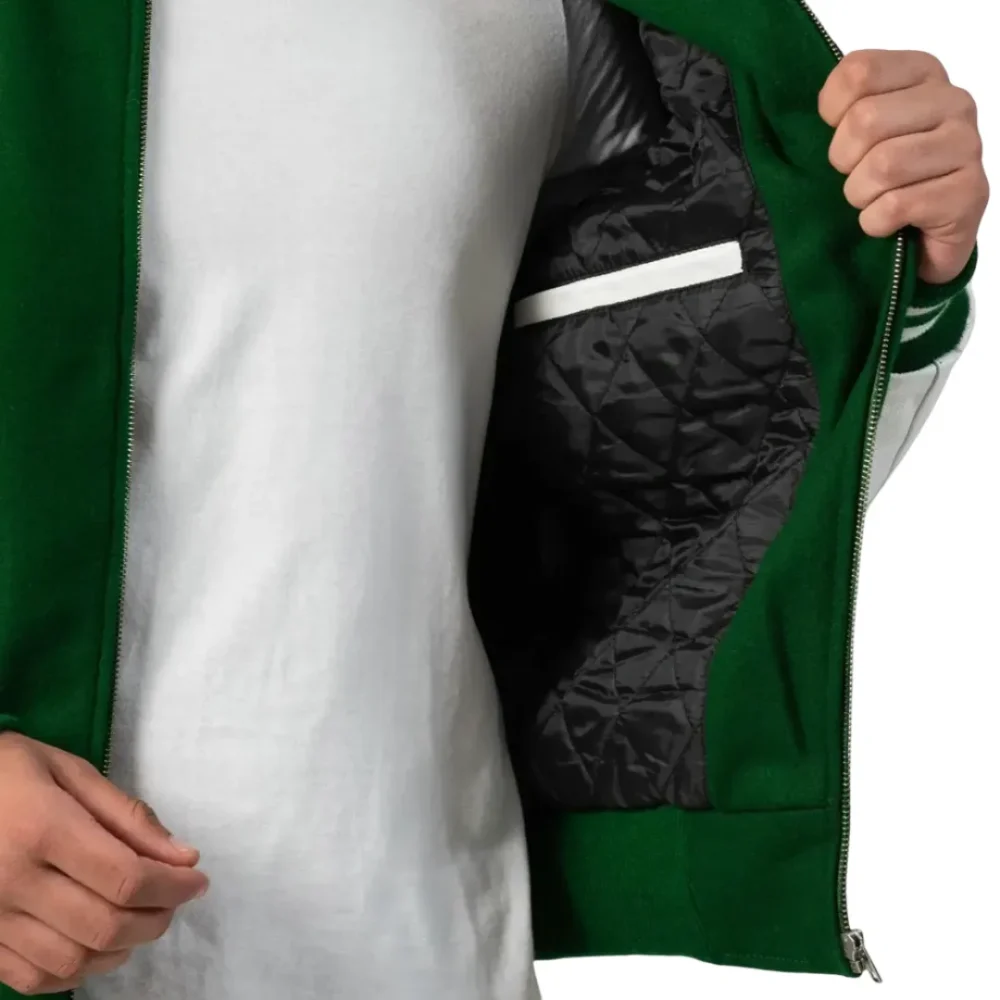 Mens Kelly Green & White Clothing Varsity Jacket by Jacket Field