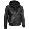 Mens Black Leather Bomber Jacket with Hood by Jacket Field