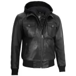 Mens Black Leather Bomber Jacket with Hood by Jacket Field