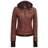 Dark Brown Leather Bomber Jacket Women with Removable Hood by Jacket Field