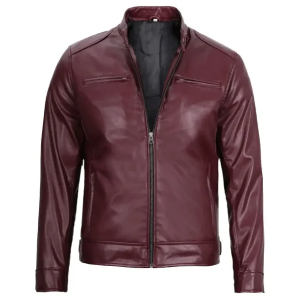 Mens Vegan Maroon Leather Cafe Racer Motorcycle Jacket by Jacket Field