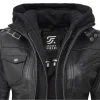 Black Leather Bomber Jacket Women with Removable Hood by Jacket Field