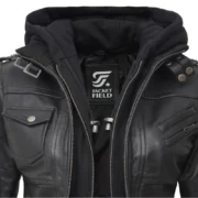 Black Leather Bomber Jacket Women with Removable Hood by Jacket Field
