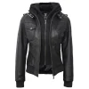 Black Leather Bomber Jacket Women with Removable Hood by Jacket Field