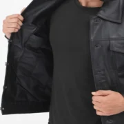 Mens Classic Black Leather Trucker Jacket by Jacket Field