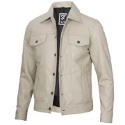 Mens Leather Trucker Off White Jacket by Jacket Field