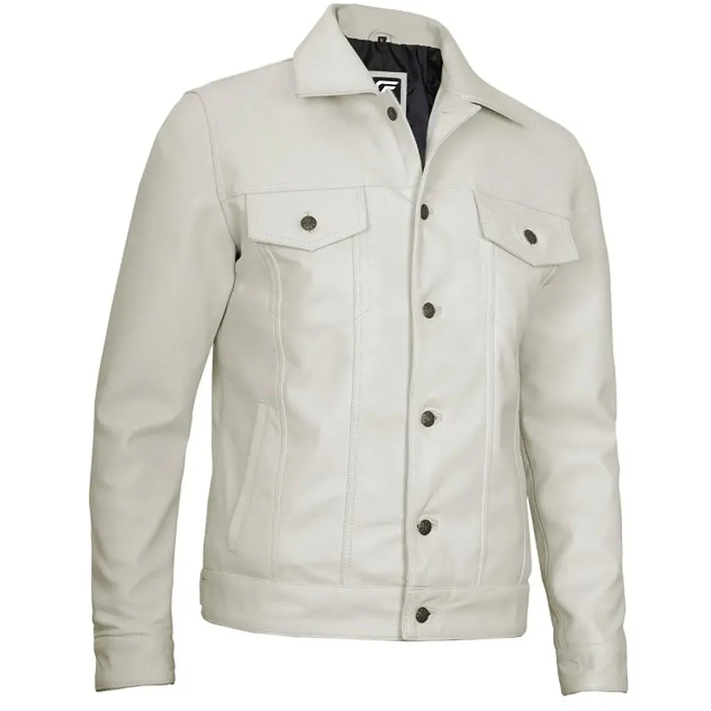 Fernando Mens Leather Trucker Off White Jacket by Jacket Field