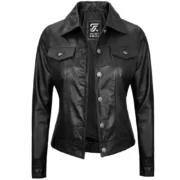 Fernando Women’s Trucker Black Leather Jacket By Jacket Field