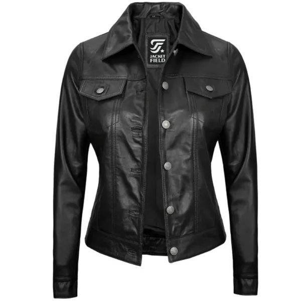 Fernando Women’s Trucker Black Leather Jacket By Jacket Field