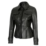 Gladys Women’s Short Body Peplum Black Leather Jacket By Jacket Field