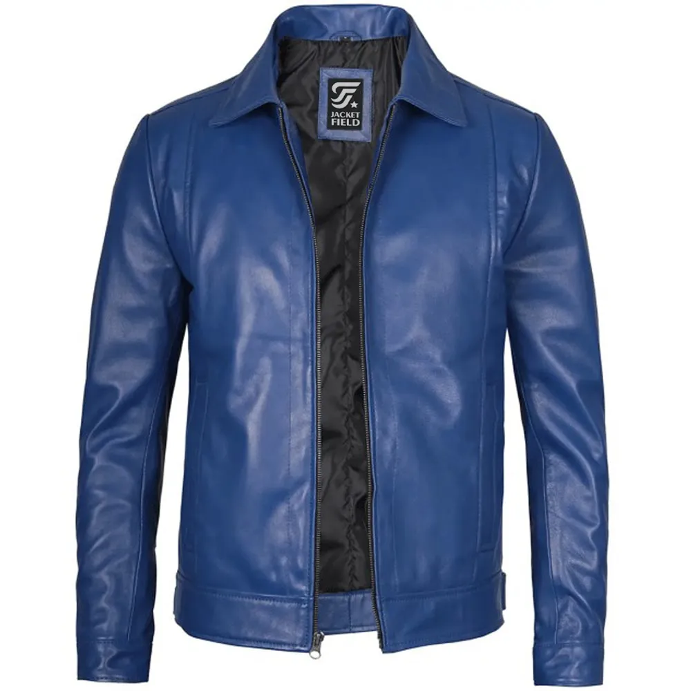 Men's Classic Leather Harrington Blue Jacket – Real Lambskin Outerwear By Jacket Field