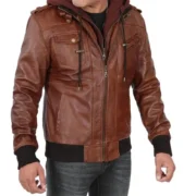Mens Brown Leather Jacket with Hood by Jacket Field